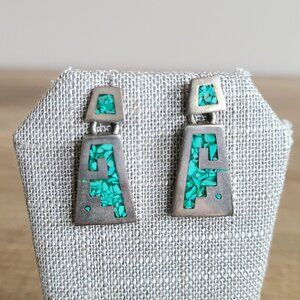 Sterling silver statement dangling earrings with Turquoise. Aztec design.